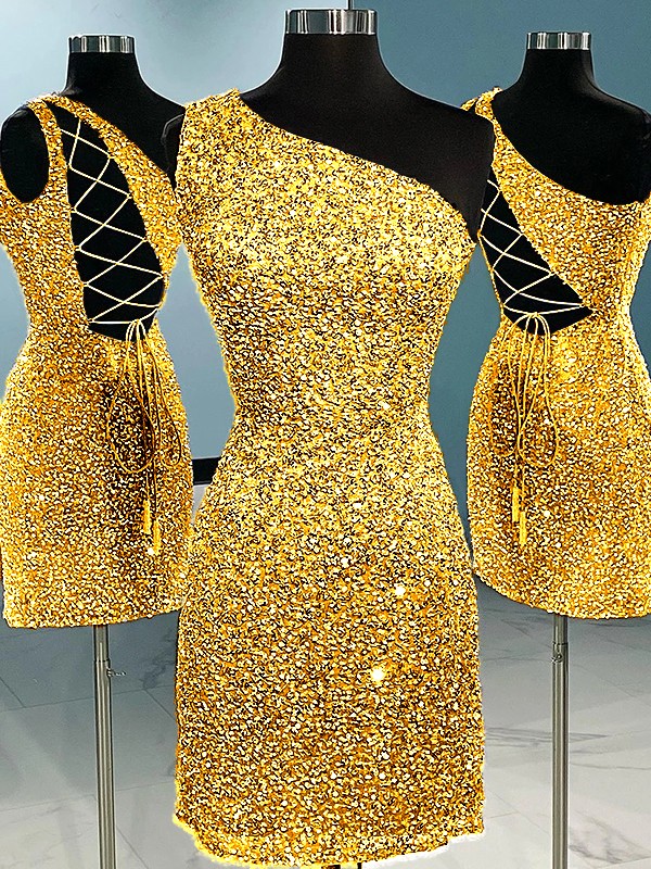 Sheath/Column Velvet Sequins One-Shoulder Sleeveless Short/Mini Homecoming Dress