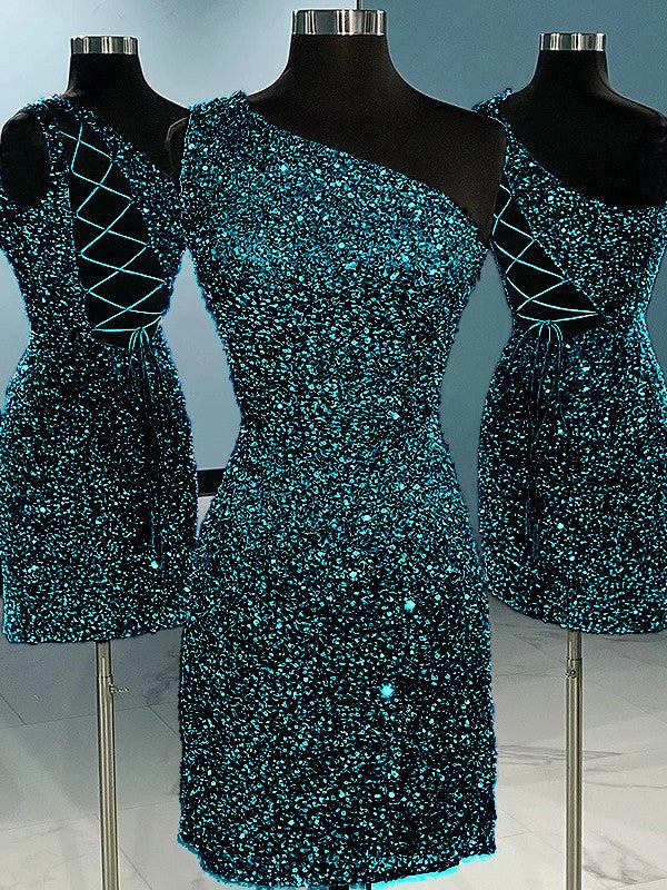Sheath/Column Velvet Sequins One-Shoulder Sleeveless Short/Mini Homecoming Dress