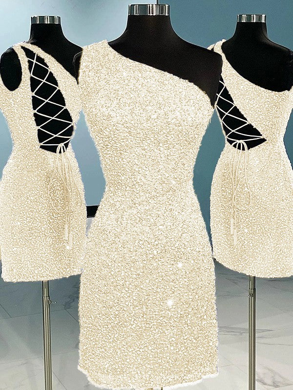 Sheath/Column Velvet Sequins One-Shoulder Sleeveless Short/Mini Homecoming Dress