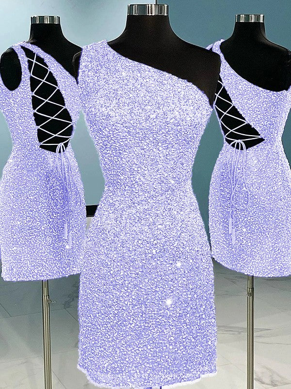 Sheath/Column Velvet Sequins One-Shoulder Sleeveless Short/Mini Homecoming Dress