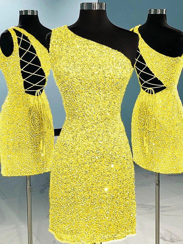 Sheath/Column Velvet Sequins One-Shoulder Sleeveless Short/Mini Homecoming Dress