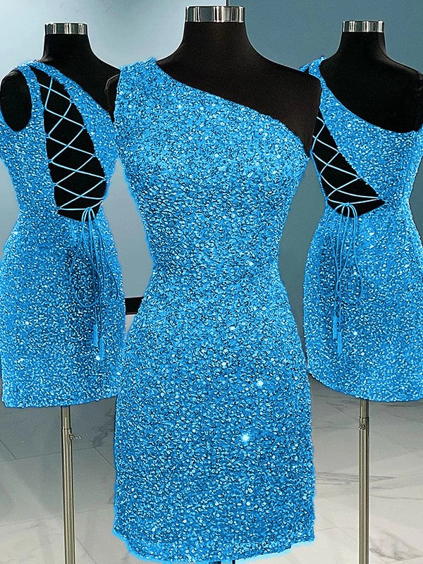 Sheath/Column Velvet Sequins One-Shoulder Sleeveless Short/Mini Homecoming Dress