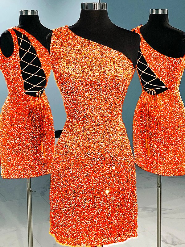 Sheath/Column Velvet Sequins One-Shoulder Sleeveless Short/Mini Homecoming Dress
