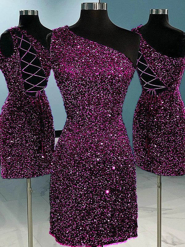 Sheath/Column Velvet Sequins One-Shoulder Sleeveless Short/Mini Homecoming Dress