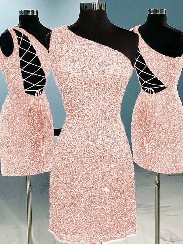 Sheath/Column Velvet Sequins One-Shoulder Sleeveless Short/Mini Homecoming Dress