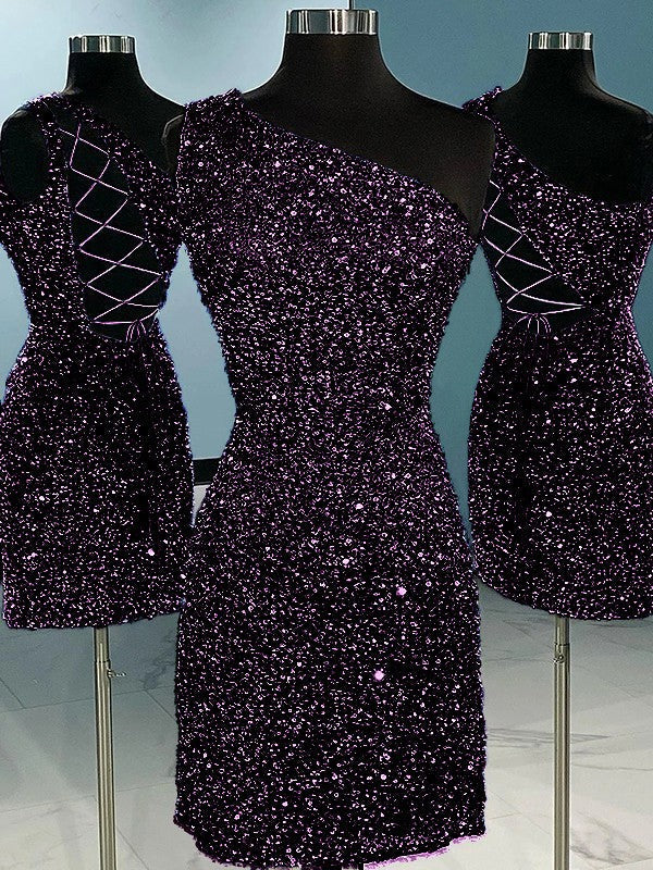 Sheath/Column Velvet Sequins One-Shoulder Sleeveless Short/Mini Homecoming Dress