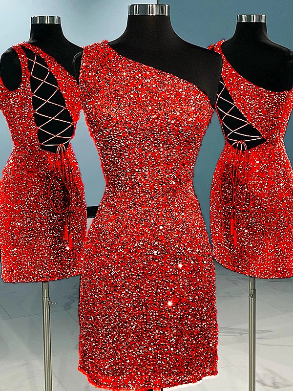 Sheath/Column Velvet Sequins One-Shoulder Sleeveless Short/Mini Homecoming Dress