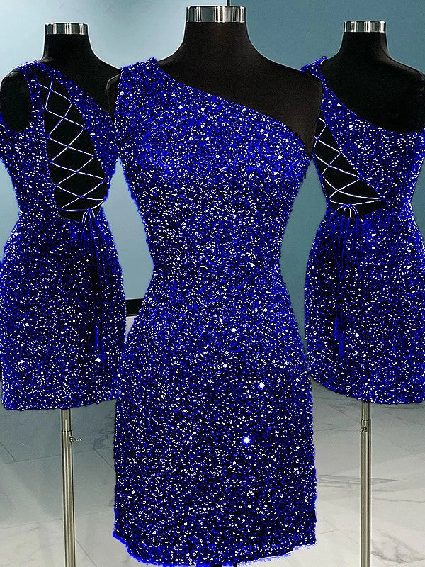Sheath/Column Velvet Sequins One-Shoulder Sleeveless Short/Mini Homecoming Dress