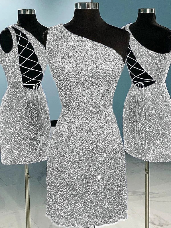 Sheath/Column Velvet Sequins One-Shoulder Sleeveless Short/Mini Homecoming Dress