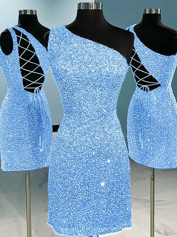 Sheath/Column Velvet Sequins One-Shoulder Sleeveless Short/Mini Homecoming Dress