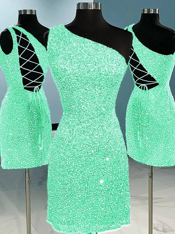 Sheath/Column Velvet Sequins One-Shoulder Sleeveless Short/Mini Homecoming Dress