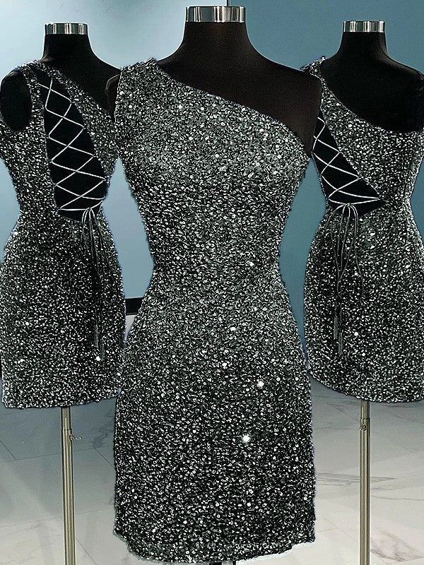 Sheath/Column Velvet Sequins One-Shoulder Sleeveless Short/Mini Homecoming Dress