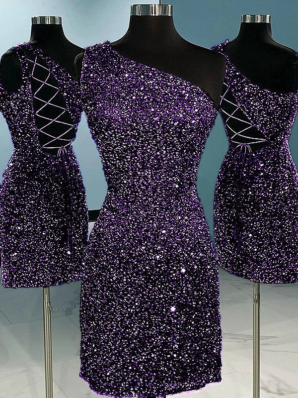 Sheath/Column Velvet Sequins One-Shoulder Sleeveless Short/Mini Homecoming Dress