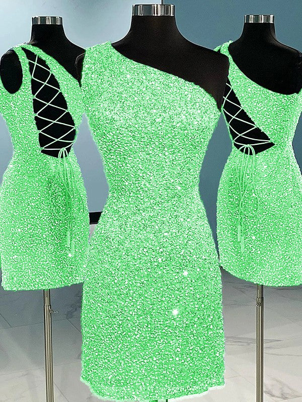 Sheath/Column Velvet Sequins One-Shoulder Sleeveless Short/Mini Homecoming Dress