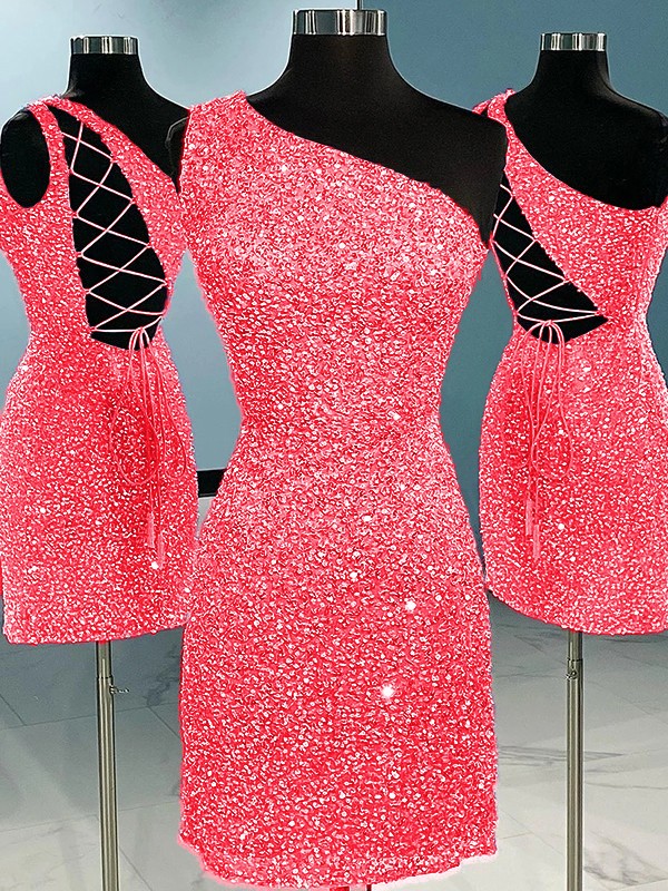 Sheath/Column Velvet Sequins One-Shoulder Sleeveless Short/Mini Homecoming Dress