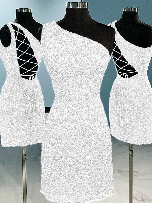 Sheath/Column Velvet Sequins One-Shoulder Sleeveless Short/Mini Homecoming Dress