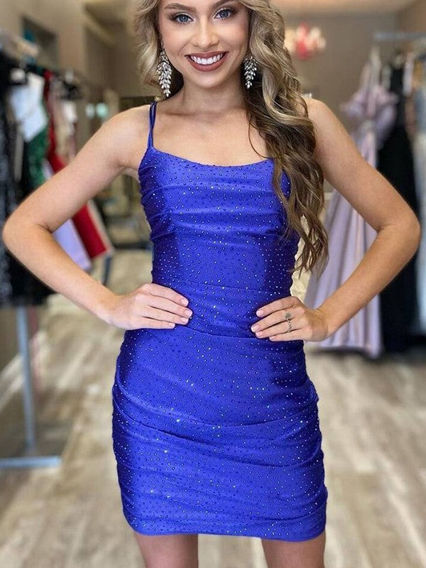 Sheath/Column Jersey Ruched Spaghetti Straps Sleeveless Short/Mini Homecoming Dress