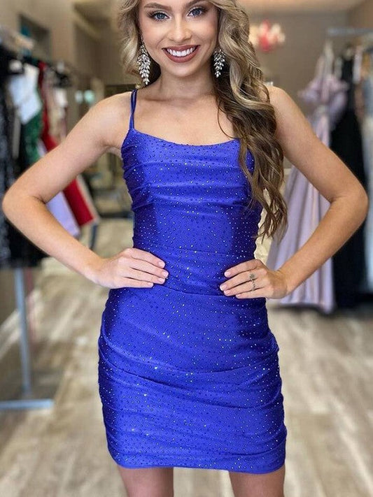 Sheath/Column Jersey Ruched Spaghetti Straps Sleeveless Short/Mini Homecoming Dress