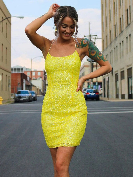 Sheath/Column Sequins Spaghetti Straps Sleeveless Short/Mini Homecoming Dress