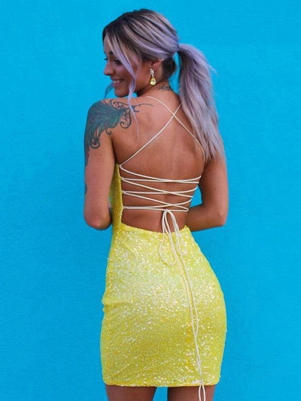 Sheath/Column Sequins Spaghetti Straps Sleeveless Short/Mini Homecoming Dress