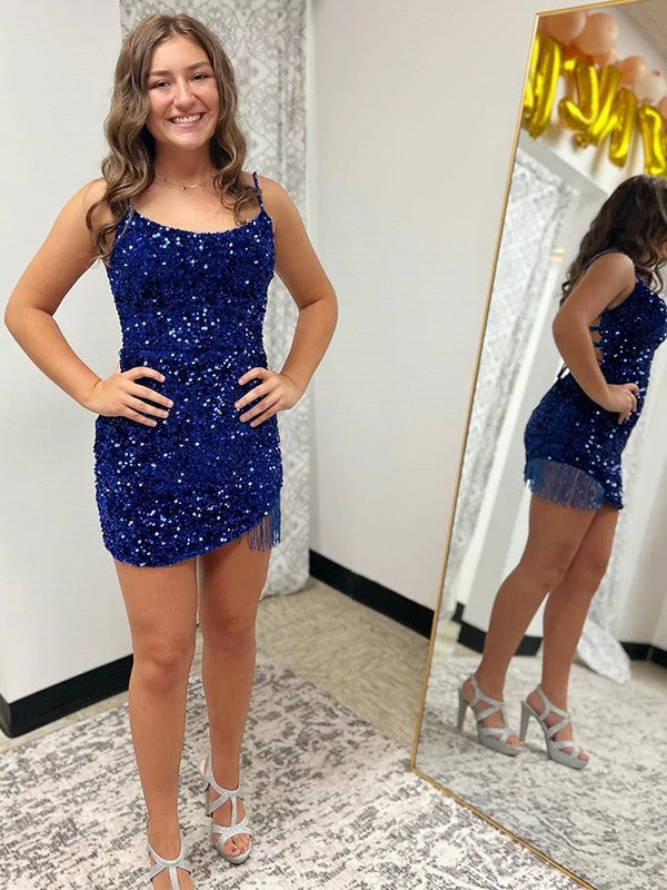 Sheath/Column Velvet Sequins Spaghetti Straps Sleeveless Short/Mini Homecoming Dress