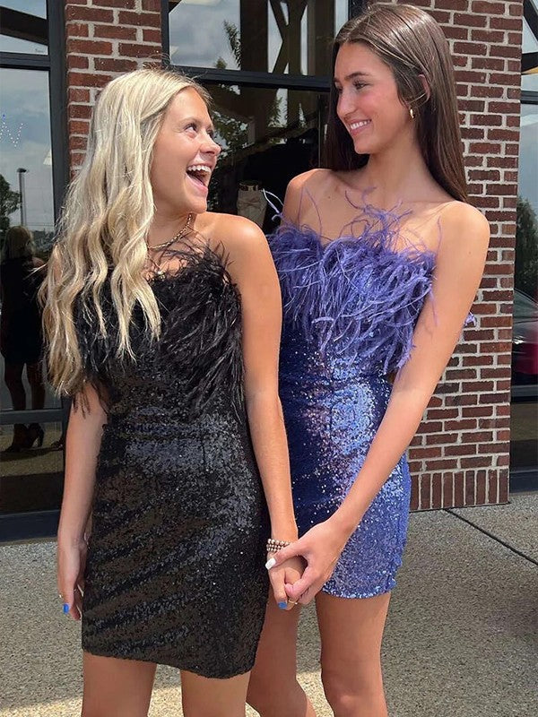 Sheath/Column Sequins Feathers/Fur Strapless Sleeveless Short/Mini Prom Dress