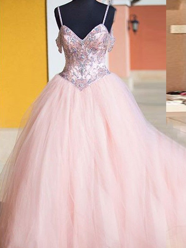 Ball Gown Tulle Spaghetti Straps Sleeveless Floor-Length With Crystal Prom Dress