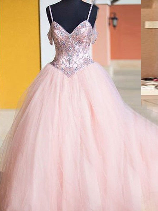 Ball Gown Tulle Spaghetti Straps Sleeveless Floor-Length With Crystal Prom Dress