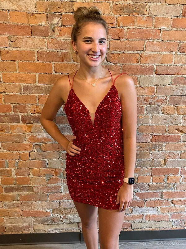 Sheath/Column Velvet Sequins V-neck Sleeveless Short/Mini Prom Dress