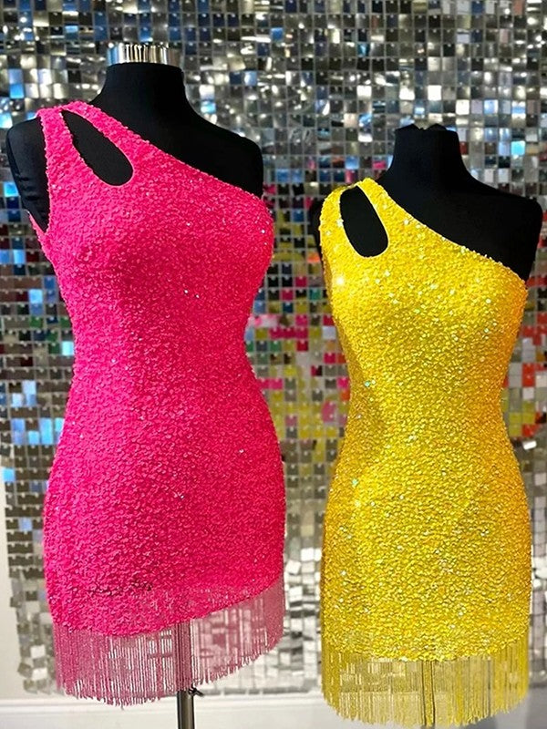 Sheath/Column Velvet Sequins One-Shoulder Sleeveless Short/Mini Prom Dress