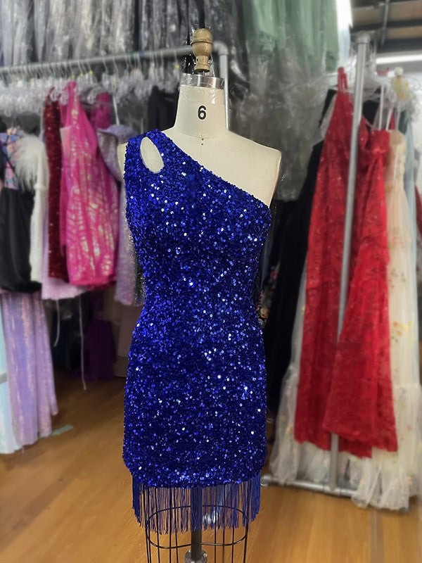 Sheath/Column Velvet Sequins One-Shoulder Sleeveless Short/Mini Prom Dress
