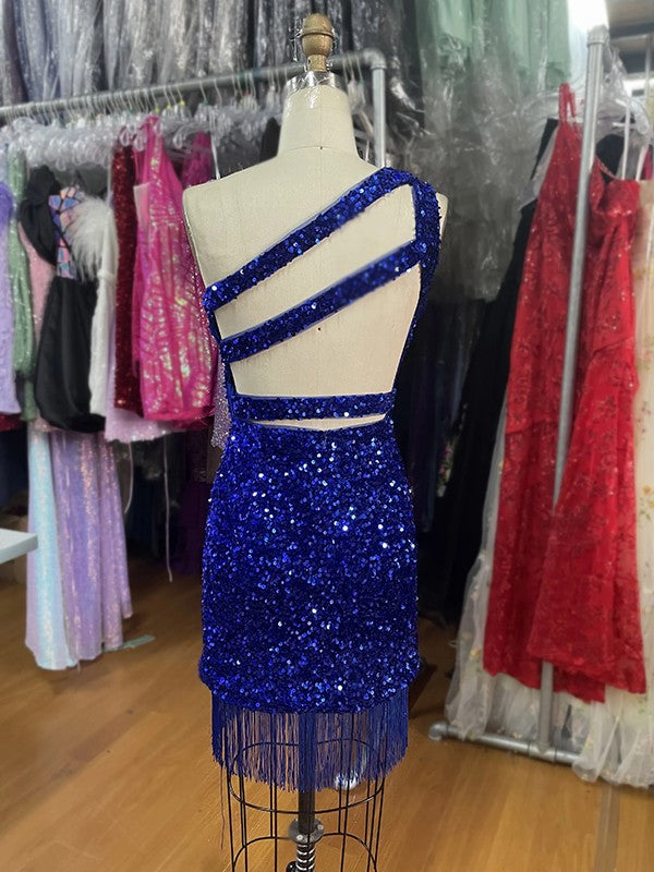 Sheath/Column Velvet Sequins One-Shoulder Sleeveless Short/Mini Prom Dress