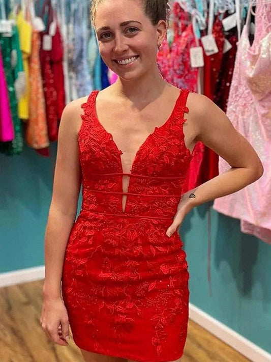 Sheath/Column Lace V-neck Sleeveless Short/Mini Homecoming Dress