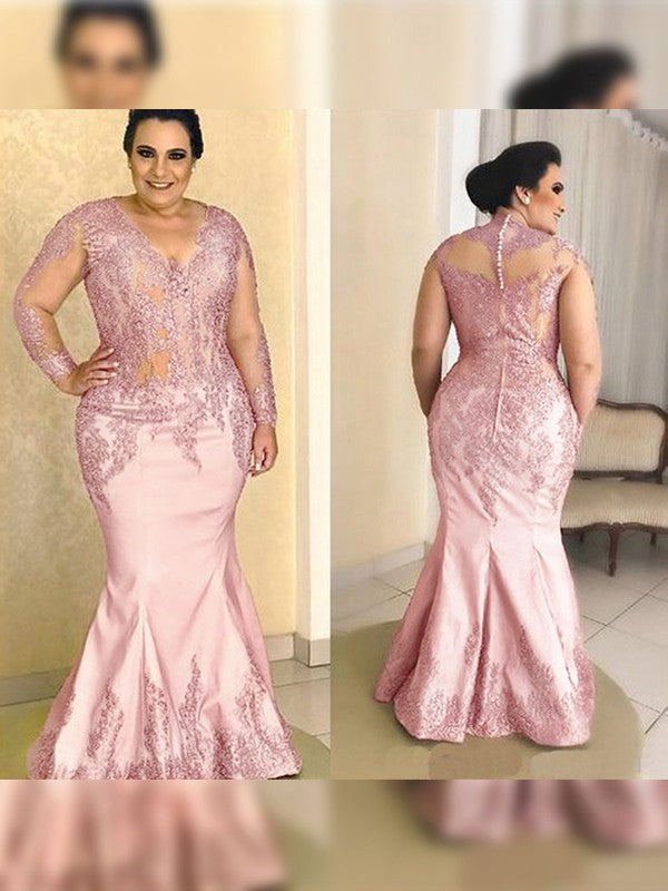 Trumpet/Mermaid Satin Applique V-neck Long Sleeves Floor-Length Mother of the Bride Dress