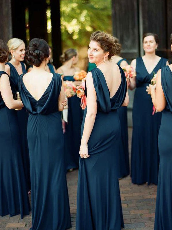 Sheath/Column Ruched V-neck Sleeveless Sweep/Brush Train Bridesmaid Dresses