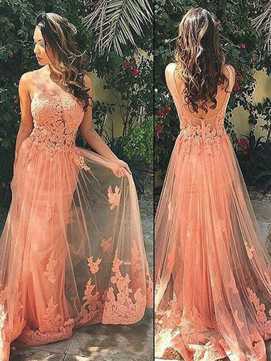 A-Line Tulle Straps Sleeveless Sweep/Brush Train With Applique Prom Dress