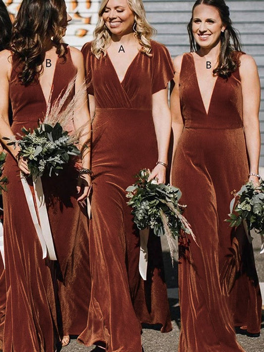 A-Line/Princess Velvet Ruched V-neck Sleeveless Sweep/Brush Train Bridesmaid Dresses
