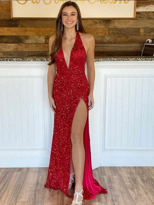 Sheath/Column Sequins Halter Sleeveless Sweep/Brush Train Prom Dress