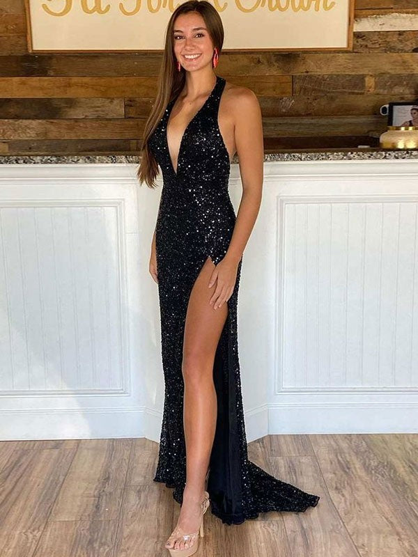 Sheath/Column Sequins Halter Sleeveless Sweep/Brush Train Prom Dress