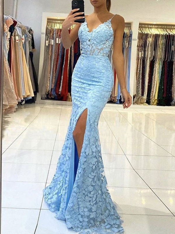 Sheath/Column Lace V-neck Sleeveless Sweep/Brush Train Prom Dress