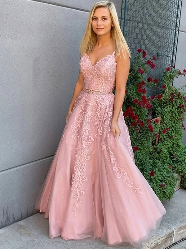 A-Line/Princess Tulle Applique V-neck Sleeveless Floor-Length Prom Dress