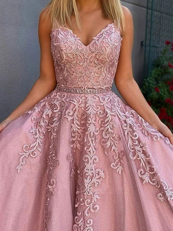 A-Line/Princess Tulle Applique V-neck Sleeveless Floor-Length Prom Dress