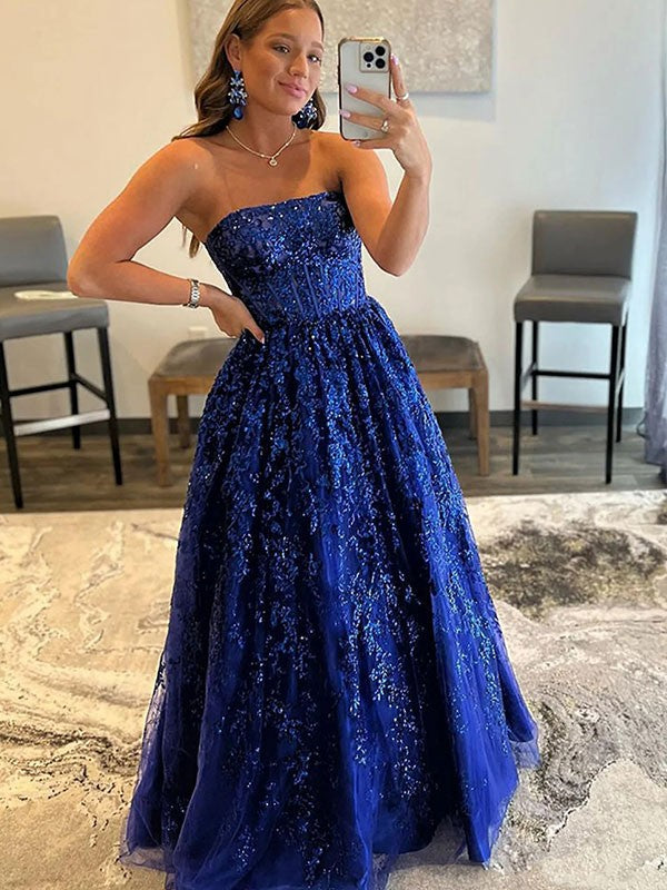 A-Line/Princess Tulle Applique Strapless Sleeveless Sweep/Brush Train Prom Dress