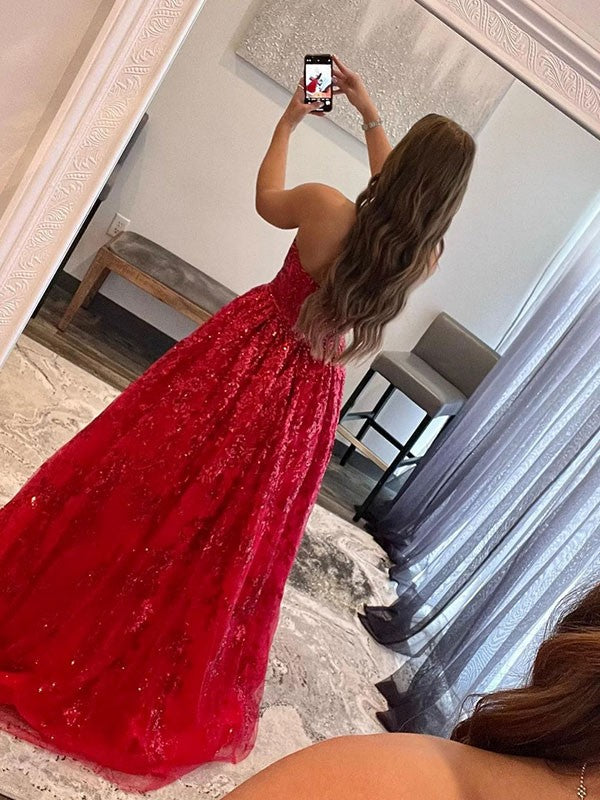 A-Line/Princess Tulle Applique Strapless Sleeveless Sweep/Brush Train Prom Dress