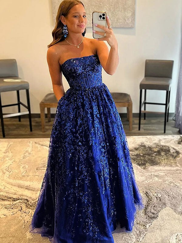A-Line/Princess Tulle Applique Strapless Sleeveless Sweep/Brush Train Prom Dress