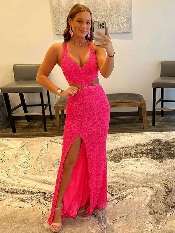 Sheath/Column Velvet Sequins V-neck Sleeveless Sweep/Brush Train Prom Dress