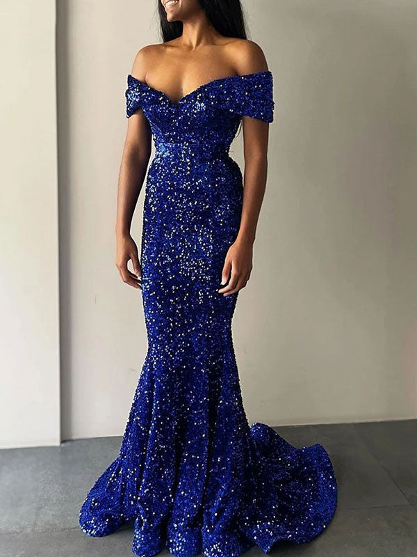 Trumpet/Mermaid Velvet Sequins Off-the-Shoulder Sleeveless Sweep/Brush Train Prom Dress