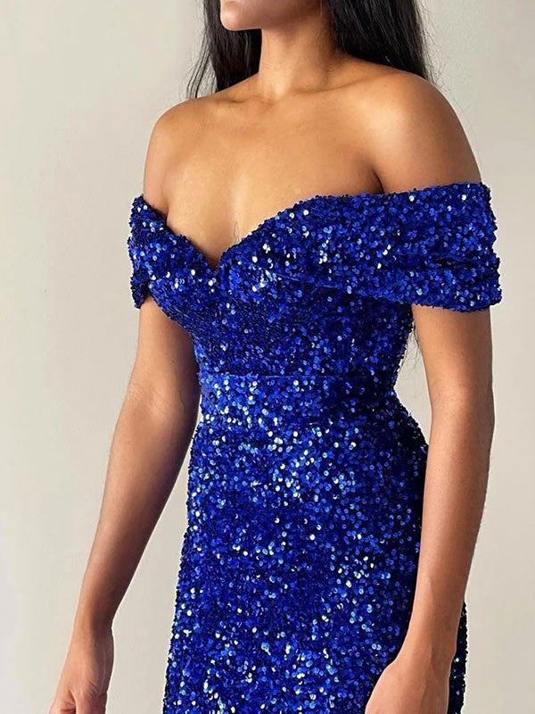 Trumpet/Mermaid Velvet Sequins Off-the-Shoulder Sleeveless Sweep/Brush Train Prom Dress