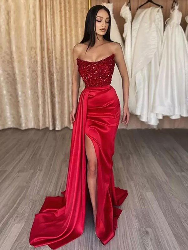 Sheath/Column Elastic Woven Satin Sequin Strapless Sleeveless Sweep/Brush Train Prom Dress