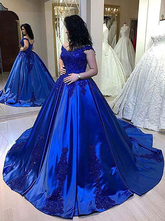 Ball Gown Satin Applique Straps Sleeveless Court Train Prom Dress